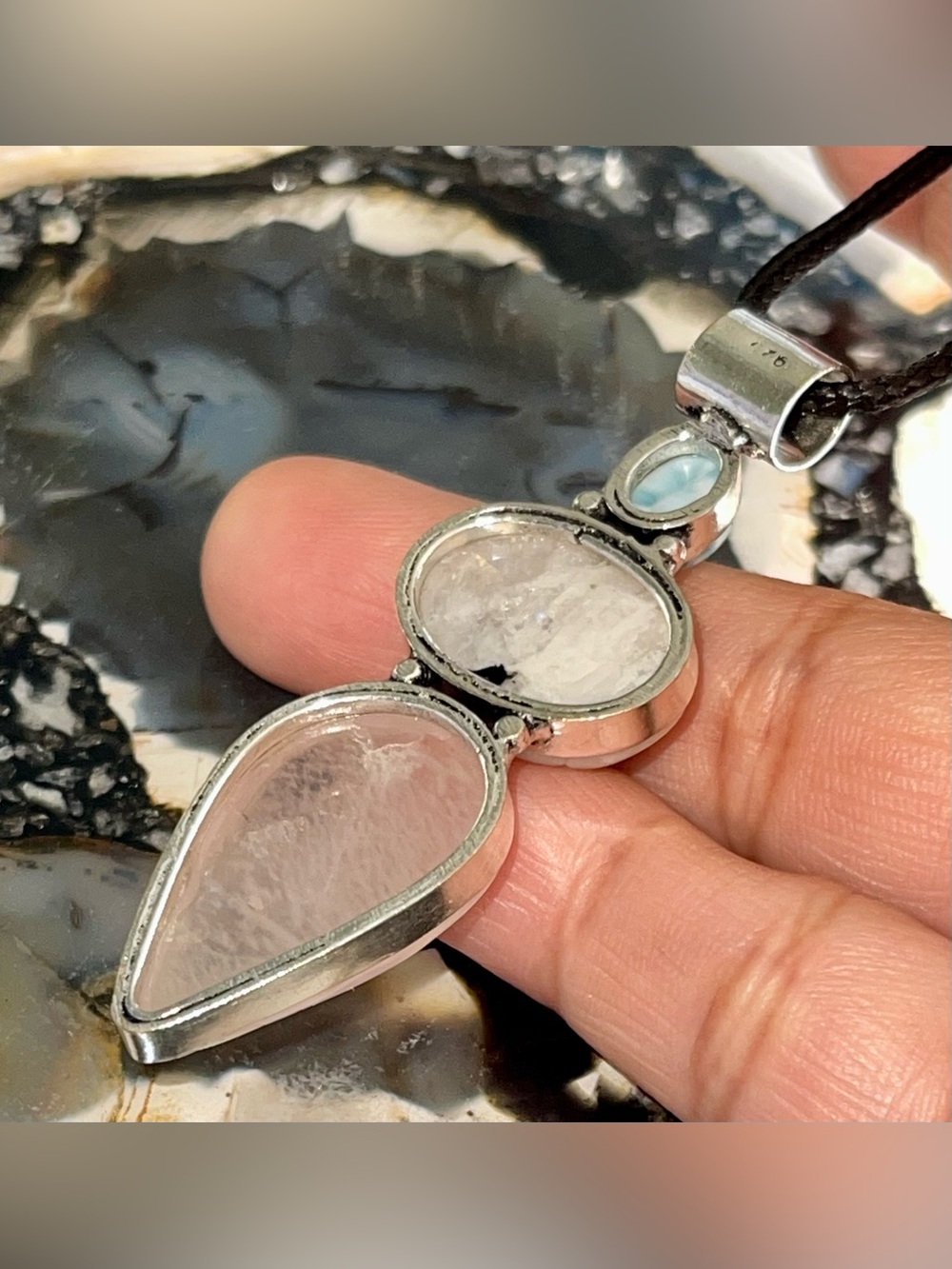 Petite Larimar, Rainbow Moonstone & Rose Quartz Crystal Pendant 2 1/2” - Picture 15 of 17